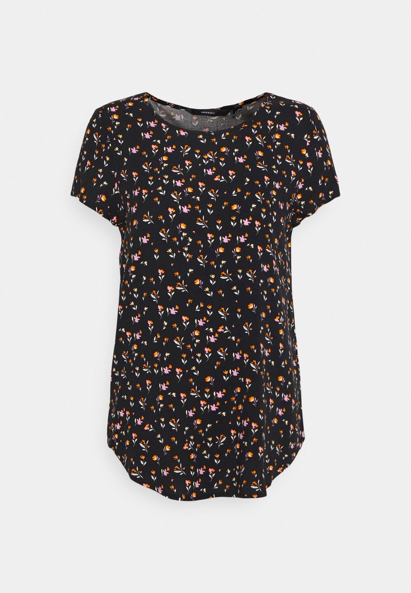 Černý top s krátkým rukávem s květinovým vzorem v odstínech růžové, oranžové a bílé. Kulatý výstřih a pohodlný střih.