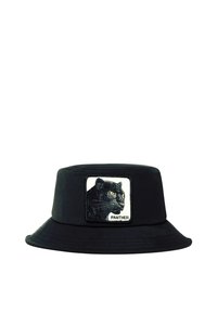 Cappello a secchiello nero di stoffa con una toppa quadrata raffigurante la testa di una pantera e la parola "PANTHER" sottostante. Accentuato con una visiera larga.