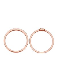 Ringe aus Roségold mit einer glatten, polierten Oberfläche; einer hat ein dezentes, strukturiertes Detail. Einfaches, rundes Design mit minimalistischem Stil.
