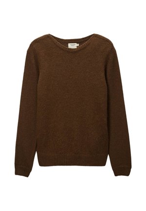 Pull en tricot marron avec un col rond, des manches longues et un ourlet côtelé. Texture douce avec une finition légèrement duveteuse.
