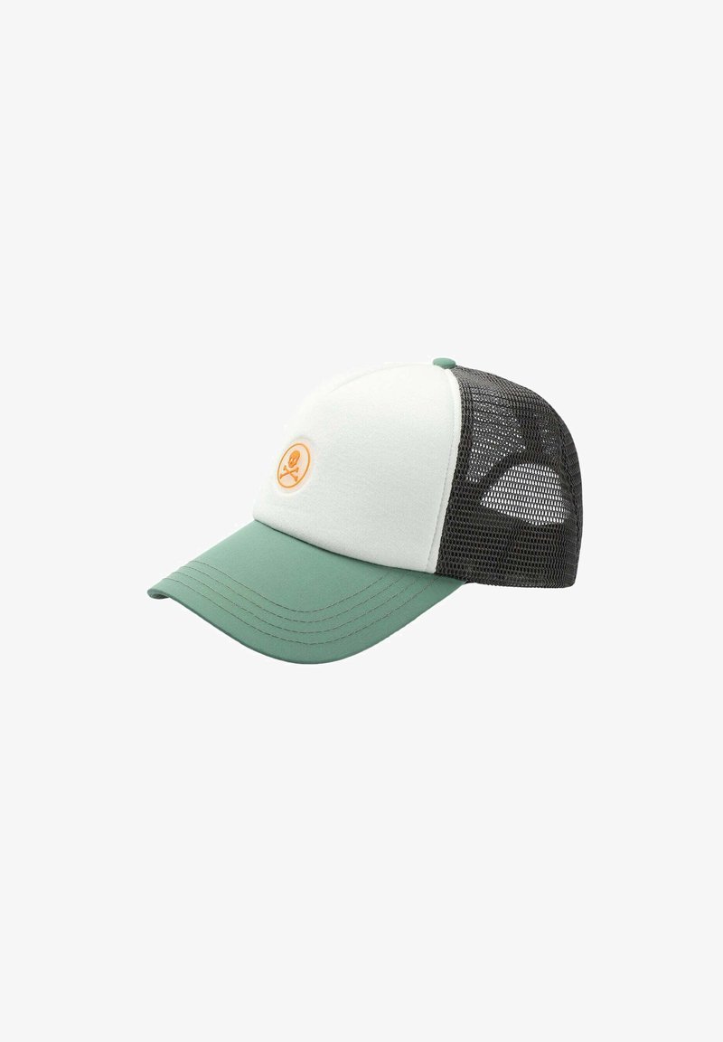 Cappellino trucker bianco e verde menta con retro in rete nera e logo arancione di teschio e ossa incrociate sul pannello frontale.