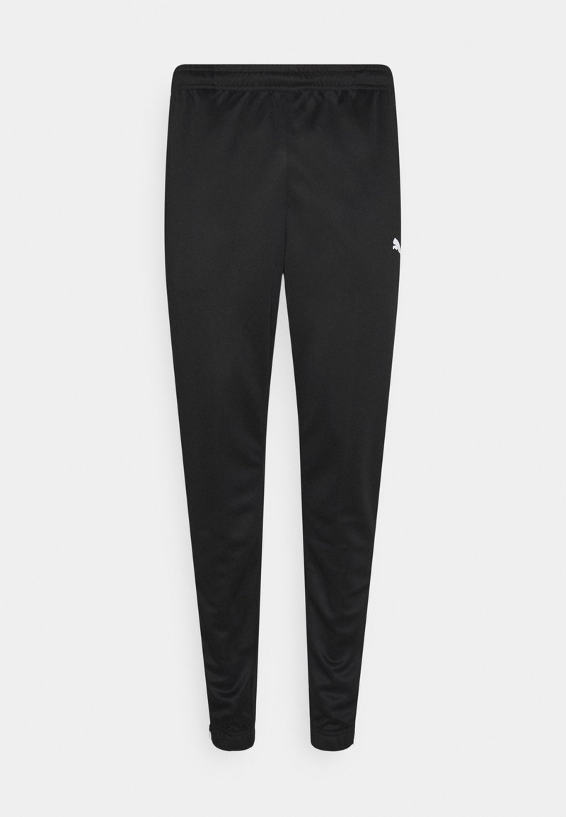 Schwarze Sporthose mit tailliertem Design, aus glattem Stoff. Sie verfügt über einen elastischen Bund und ein weißes Logo am unteren Bein.