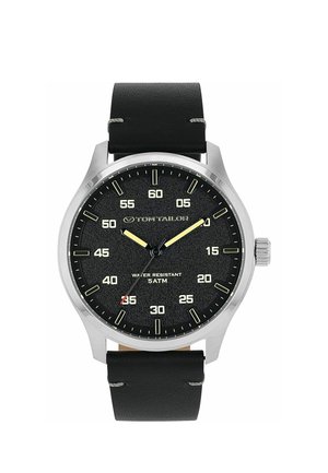 Runde silberne Armbanduhr mit schwarzem Lederarmband, schwarzem strukturiertem Zifferblatt, leuchtend gelben Stunden- und Minutenzeigern und weißen Zahlenmarkierungen in Fünferschritten.