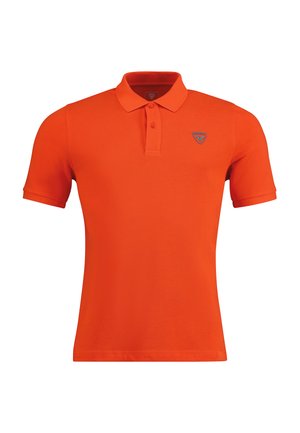 Oranges Poloshirt mit Kragen und drei Knöpfen. Verfügt über ein kleines Logo auf der linken Brust. Hergestellt aus strukturiertem Stoff.