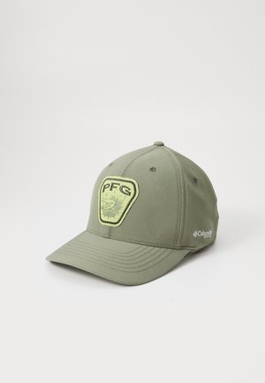 Olive green cap with an embroidered yellow PFG patch on the front, featuring six-panel design and a curved brim. Columbia logo on the side.