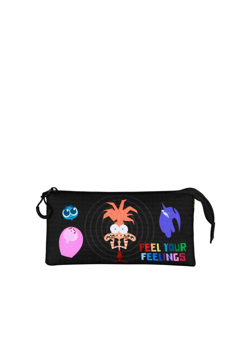 Trousse noire ornée de personnages de dessin animé, avec le texte vibrant "RESSENTIR VOS ÉMOTIONS" et des accents colorés. Fermeture éclair sur le dessus pour un accès facile.