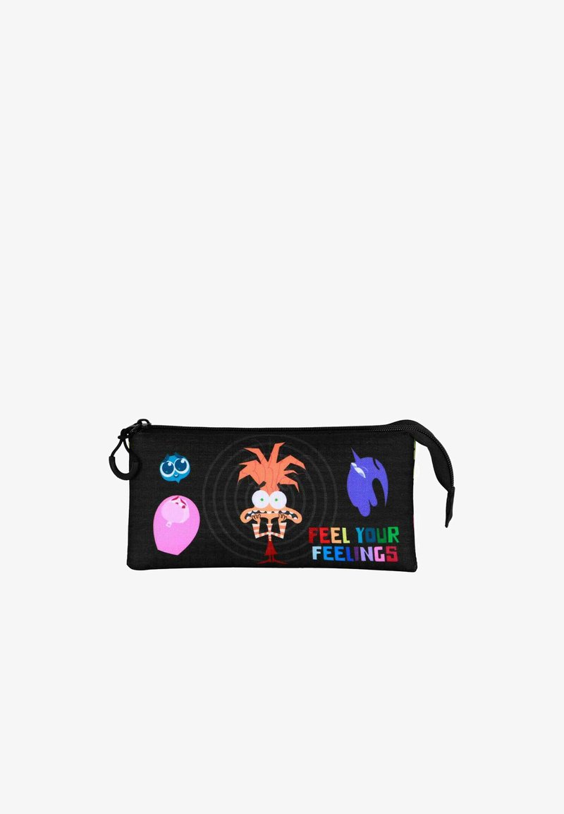 Trousse noire ornée de personnages de dessin animé, avec le texte vibrant "RESSENTIR VOS ÉMOTIONS" et des accents colorés. Fermeture éclair sur le dessus pour un accès facile.