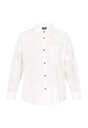 White button-up shirt with a floral embossed pattern, long sleeves, a chest pocket, and contrasting black buttons. Light and breathable fabric.