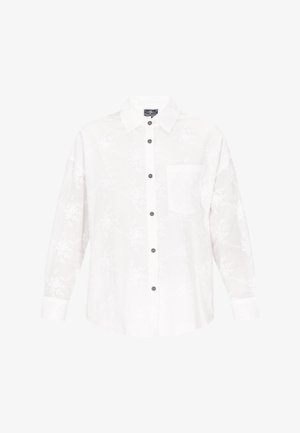 Witte button-up shirt met een bloemen reliëfpatroon, lange mouwen, een borstzak en contrasterende zwarte knopen. Licht en ademend materiaal.