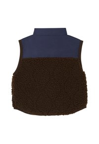 Ärmlös väst med mörkbrun fleecebaksidan och framdel i marinblå polyester, med krage och utan synliga knäppningar.