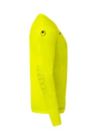 Chemise à manches longues en tissu jaune vif. Présente un design géométrique sur la manche et un logo sur l'épaule. Texture lisse et coupe ajustée.