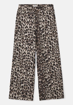 Hlače širokih nogavic z leopardskim vzorcem in elastiko v pasu, z bež ozadjem in rjavozasivnimi madeži. Mehka, lahka tkanina.