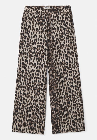 Lepardmønstret vide bukser med elastisk talje, med en beige baggrund og brune-sorte sprøjt. Blødt, letvægtsstof.