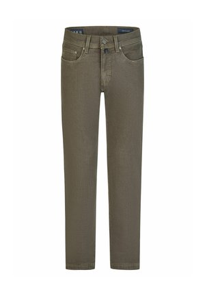 Jeans verdi oliva da uomo a gamba dritta con passanti per cintura, bottone frontale, cerniera e design a cinque tasche, mostrati distesi su sfondo bianco.