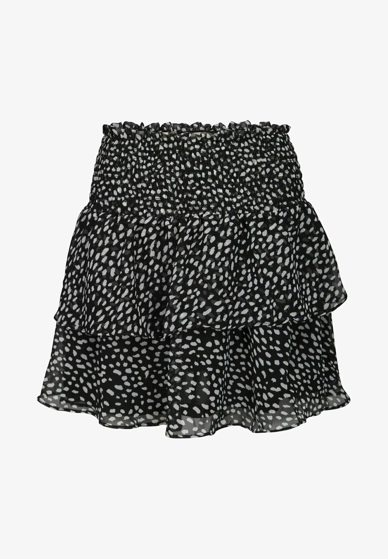 Jupe noire à étages avec des pois blancs irréguliers et une large ceinture élastique froncée en tissu fluide.