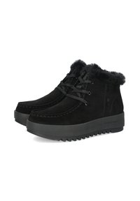Schwarze Wildleder-Stiefeletten mit einem weichen Kunstfellfutter, runder Spitze und einer dicken, strukturierten Gummisohle. Mit dekorativen Nähten und Schnürdesign.