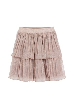 Jupe plissée rose clair avec deux volants superposés et une texture scintillante. Dispose d'une ceinture élastique pour le confort.