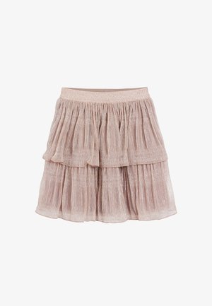 Jupe plissée rose clair avec deux volants superposés et une texture scintillante. Dispose d'une ceinture élastique pour le confort.