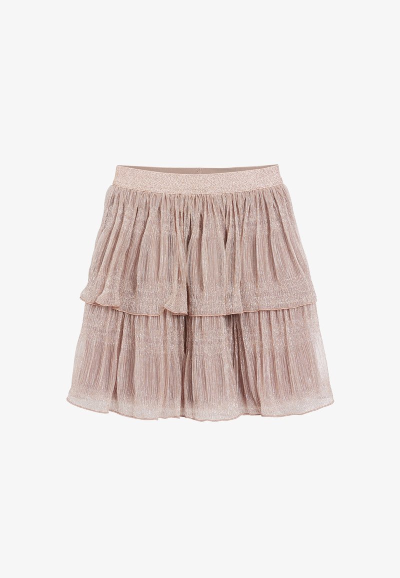 Jupe plissée rose clair avec deux volants superposés et une texture scintillante. Dispose d'une ceinture élastique pour le confort.