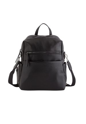 Mochila negra de imitación de cuero con acabado texturizado, dos asas superiores, correa de hombro ajustable y bolsillo delantero con cremallera.