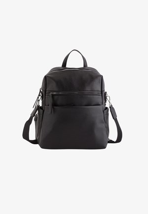 Black faux leather backpack with textured finish, dual top handles, adjustable shoulder strap, and front zippered pocket.