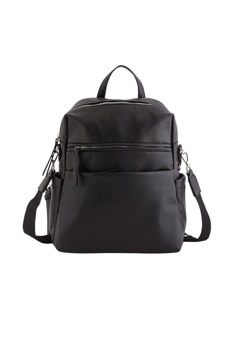 Sac à dos en faux cuir noir avec finition texturée, poignées supérieures doubles, bandoulière ajustable et poche zippée à l'avant.