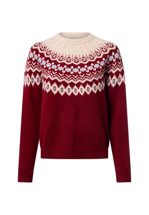 Pull en tricot avec un col rond, corps bordeaux et yoke à motifs crème avec des accents bleus et rouges. Manches et ourlet côtelés.
