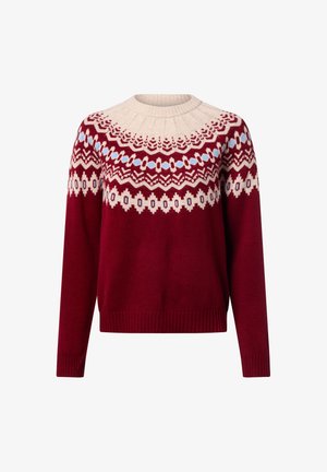Pull en tricot avec un col rond, corps bordeaux et yoke à motifs crème avec des accents bleus et rouges. Manches et ourlet côtelés.