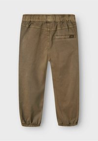 Pantaloni verde oliva con elastico in vita, orli a ribasso e tasca posteriore con un piccolo etichetta. Tessuto morbido e leggero.