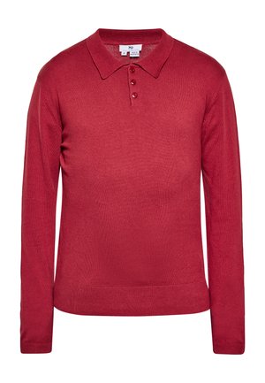 Long-sleeve red knit polo shirt with collar and three buttons, medium size, made in Bangladesh.