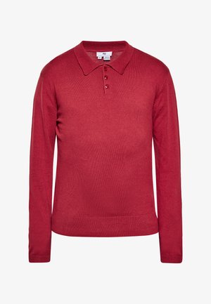 Czerwona, dzianinowa koszulka polo z długim rękawem, kołnierzykiem i trzema guzikami, rozmiar średni, wyprodukowana w Bangladeszu.