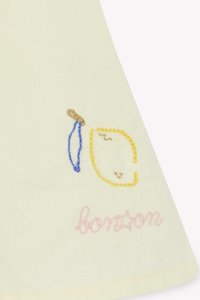 Yellow fabric featuring embroidery of a lemon and a blue outline, with pink cursive text reading "boston" near the edge.