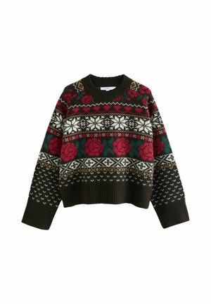 Strickpullover mit Rundhalsausschnitt, dunkelbraunem Grundton und bunten Fair-Isle-Mustern, die rote Rosen, Schneeflocken und geometrische Designs zeigen.
