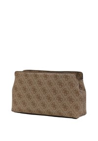 Neceser de maquillaje marrón con diseño de diamantes, tejido texturizado, brillo sutil y cierre de cremallera. Forma rectangular compacta.