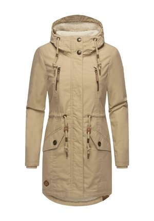 Beige Parka-Jacke mit einer fellgefütterten Kapuze, zwei Fronttaschen, Kordelzug in der Taille und Knopfakzenten. Hergestellt aus weichem, strapazierfähigem Stoff.