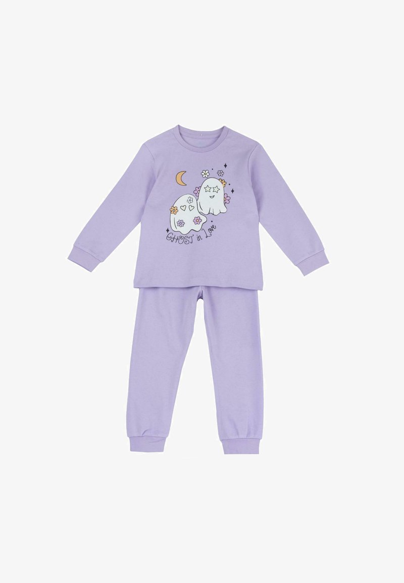 Ensemble de pyjama enfant lilas à manches longues et pantalon avec deux fantômes souriants, des fleurs, un croissant de lune et le texte « GHOST in Love ».