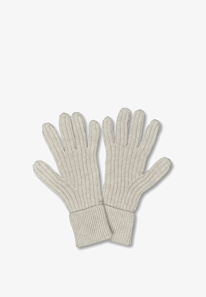 Guantes de lana en gris claro con puños acanalados y diseño de cinco dedos, que cuentan con una tela texturizada para calor y comodidad.