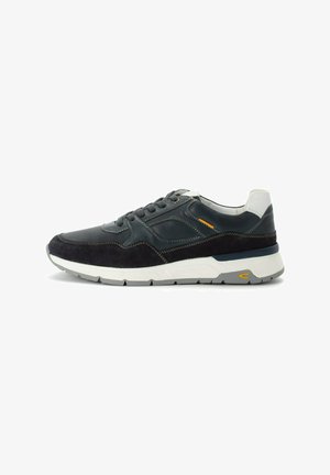 Dark navy sneakers with a combination of smooth leather and suede, featuring white soles, contrasting yellow accents, and round laces.