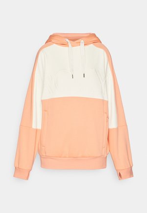 Sudadera con bloques de color melocotón y blanco, con un bolsillo tipo canguro, capucha ajustable con cordón y logo "ROXY" en relieve en el pecho.