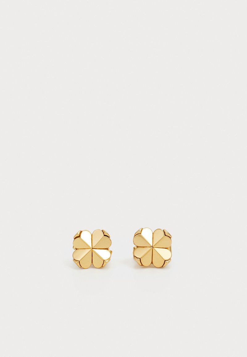 Brincos de ouro em forma de trevo de quatro folhas, com um acabamento polido e superfícies alternadas curvas e planas.