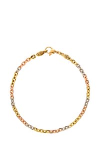 Három színű lánc karkötő fémből, amely arany, rózsa arany és ezüst színű szemekből áll, csattal záródik. Simas texture, könnyű kialakítás.