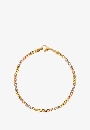 Trojbarevný řetízek na zápěstí vyrobený z kovu, s články v barvách zlata, růžového zlata a stříbra, s uzávěrem na sponu. Hladký povrch, lehký design.