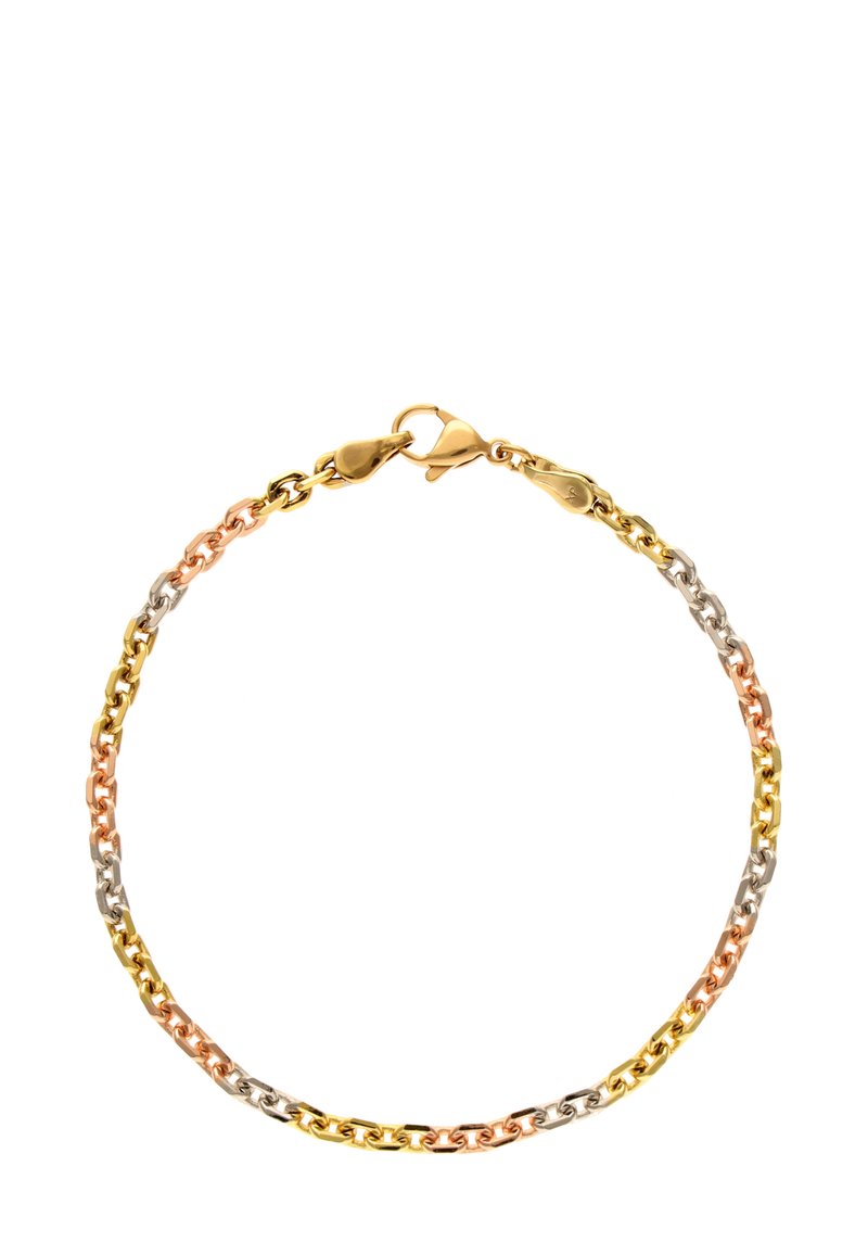 Három színű lánc karkötő fémből, amely arany, rózsa arany és ezüst színű szemekből áll, csattal záródik. Simas texture, könnyű kialakítás.