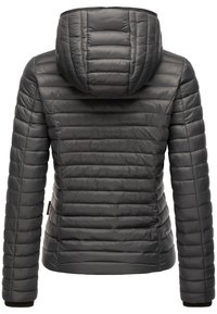 Donzen jas in donkergrijs, met capuchon, horizontaal doorgestikt ontwerp, gladde textuur en geribbelde manchetten. Ritssluiting aan de voorkant.