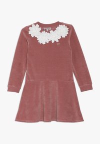 Sametové šaty s dlouhým rukávem v jemně růžové barvě s rozšířenou sukní. Obsahují květinovou bílou krajkovou aplikaci na výstřihu a malé logo.