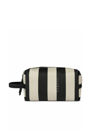 Rectangular toiletry bag with wide vertical black and white stripes, zipper closure, side handle, and "bugatti" logo on the front.