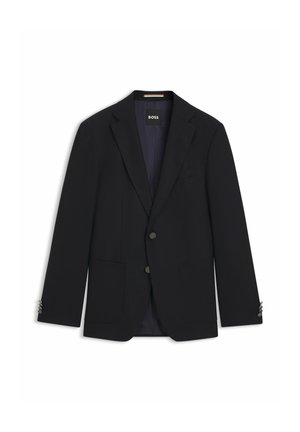 Navy blazer made of textured fabric with a notch lapel, two front pockets, and silver button accents. Label inside reads "BOSS".