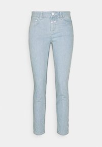 Light blue striped jeans with a slim fit, featuring a button and zipper closure, five-pocket design, and subtle texture.
