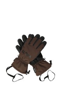 Bruna vattentäta handskar med svarta accenter och greppvänliga fingertoppar. Elastiska manschetter och fästrappar. Har logotypen "SLOPE" i svart.