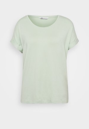 Lichtgroen T-shirt met korte mouwen, ronde hals, opgerolde mouwen en een zachte textuur, gemaakt van lichtgewicht stof.